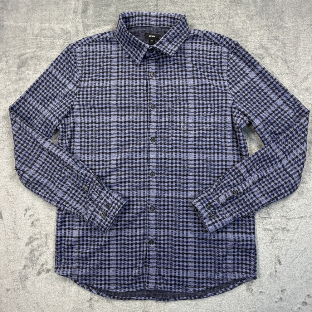 Express Mens Medium Flannel Shirt Blue Black Plaid Button Up Long Sleeve NWT
